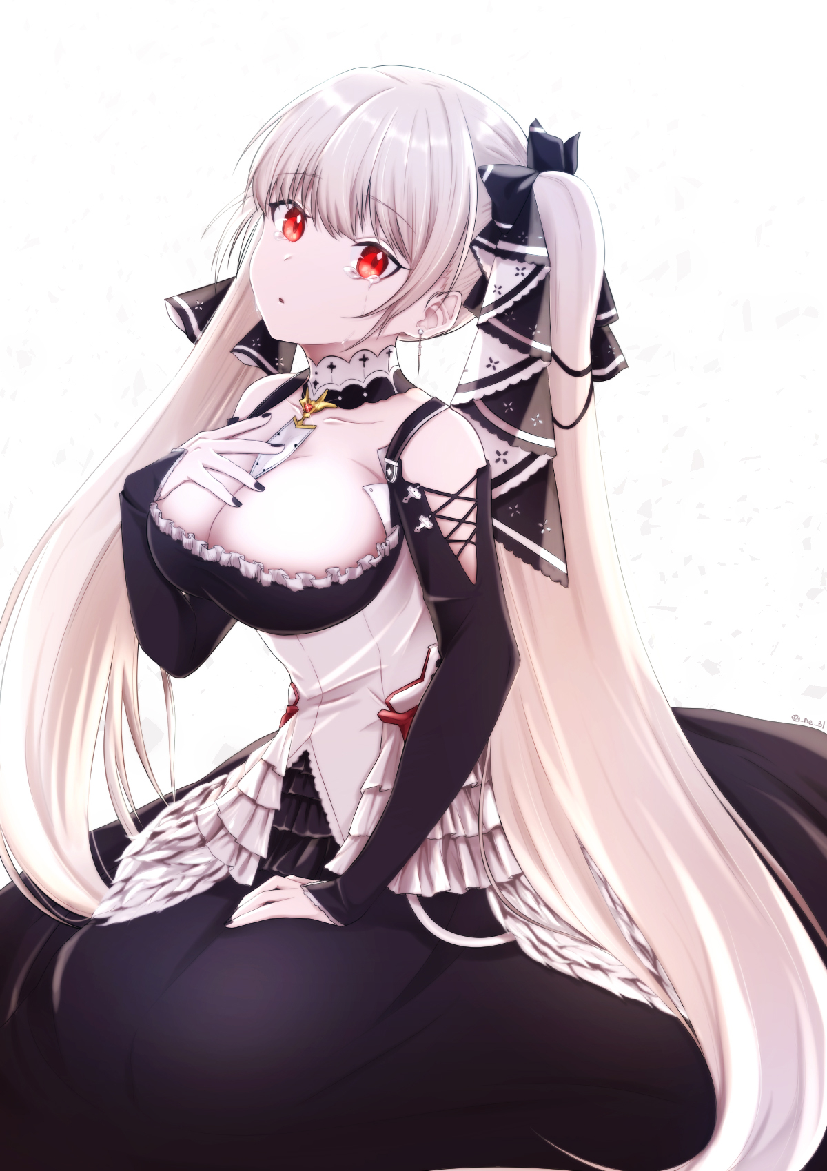 formidable (azur lane), azur lane, commentary, english commentary, highres, 1girl, bare shoulders, between breasts, black dress, black nails, breasts, cleavage, collarbone, dress, frilled dress, frills, grey hair, hair ribbon, large breasts, long hair, looking at viewer, nail polish, ne 31, necktie, necktie between breasts, red eyes, ribbon, simple background, solo, twintails, two-tone dress, two-tone ribbon, very long hair, white background
