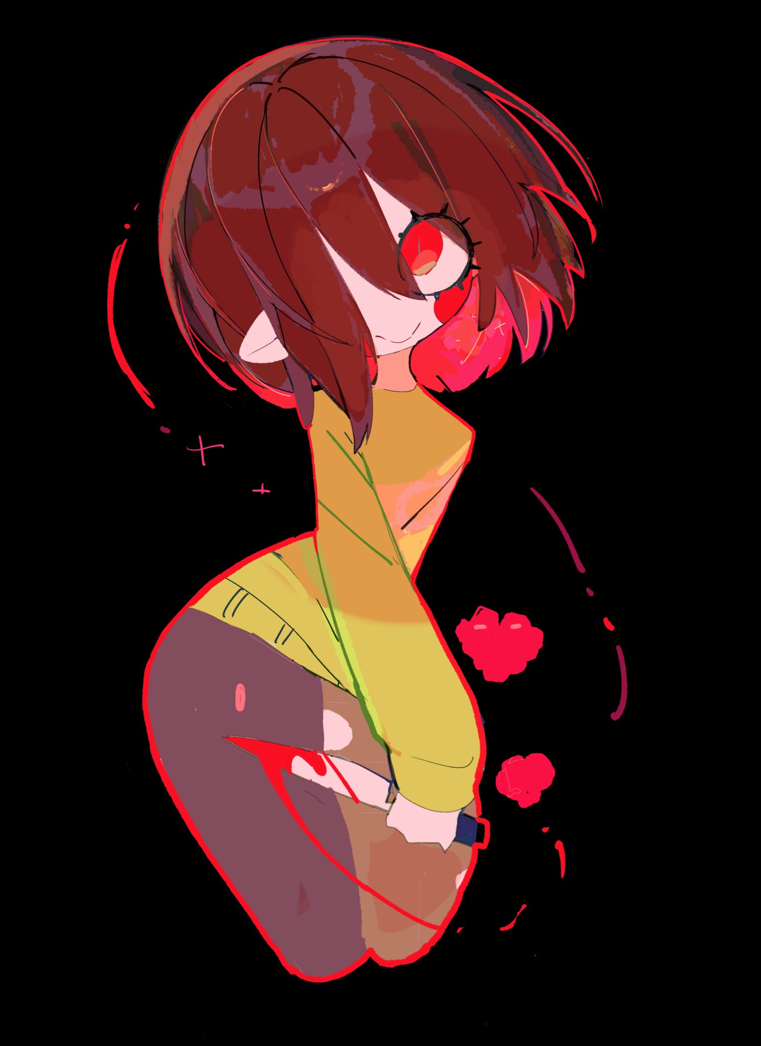 usa37107692, chara (undertale), undertale, utdr (toby fox), highres, 1girl, black background, blood, bloody knife, brown hair, green sweater, hair over one eye, holding, holding knife, knife, looking up, pantyhose, pointy ears, red eyes, smile, sweater, thighs