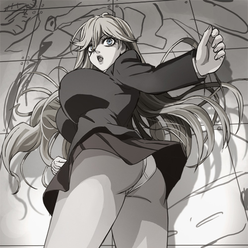 haruyama kazunori, kimura kaere, sayonara zetsubou sensei, lowres, 00s, 1girl, ass, blue eyes, breasts, female focus, looking back, monochrome, panties, pantyshot, school uniform, serafuku, skirt, solo, spot color, underwear