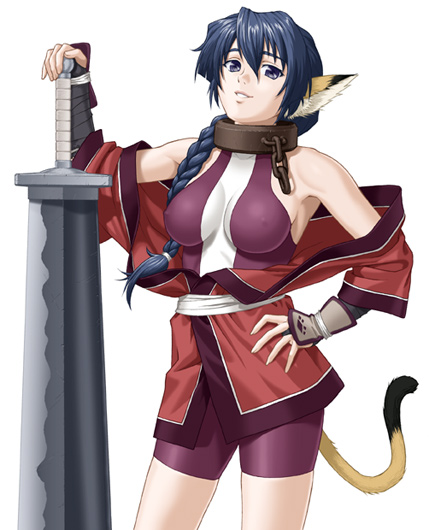 ichikawa masahiro, karulau, utawarerumono, 00s, 1girl, animal ears, blue eyes, blue hair, braid, breasts, cat ears, cat tail, collar, covered erect nipples, female focus, large breasts, lion ears, long hair, matching hair/eyes, simple background, single braid, smile, solo, sword, tail, weapon