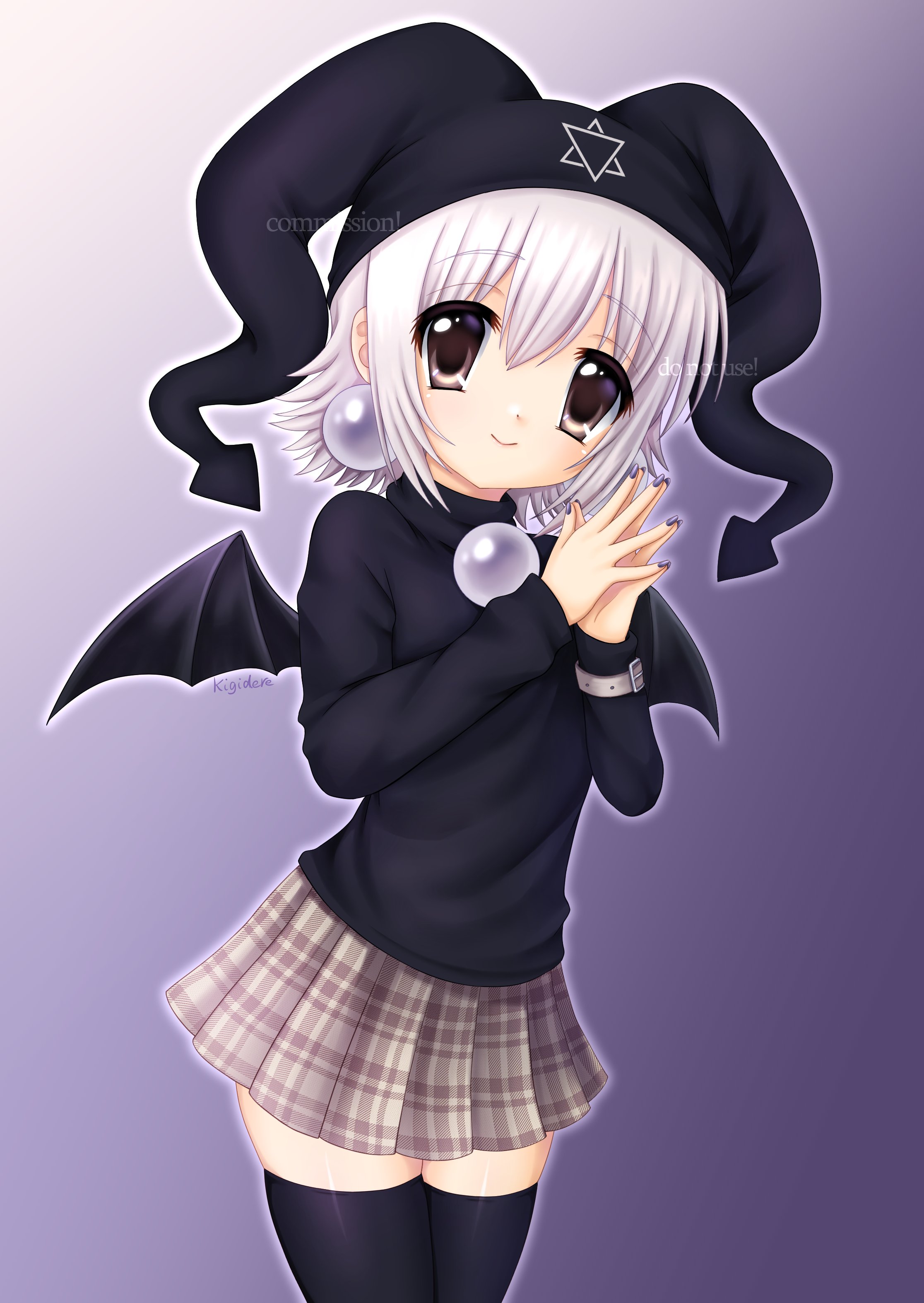 kigidere, mayura, ukagaka, absurdres, commission, highres, vgen commission, 1girl, 2000s (style), artist name, bat wings, black hat, black sweater, black thighhighs, cowboy shot, faux retro artstyle, grey hair, hat, hexagram, jester cap, long sleeves, looking at viewer, miniskirt, plaid clothes, plaid skirt, pleated skirt, purple background, short hair, signature, skirt, smile, solo, standing, sweater, thighhighs, watermark, wings, wrist belt, zettai ryouiki