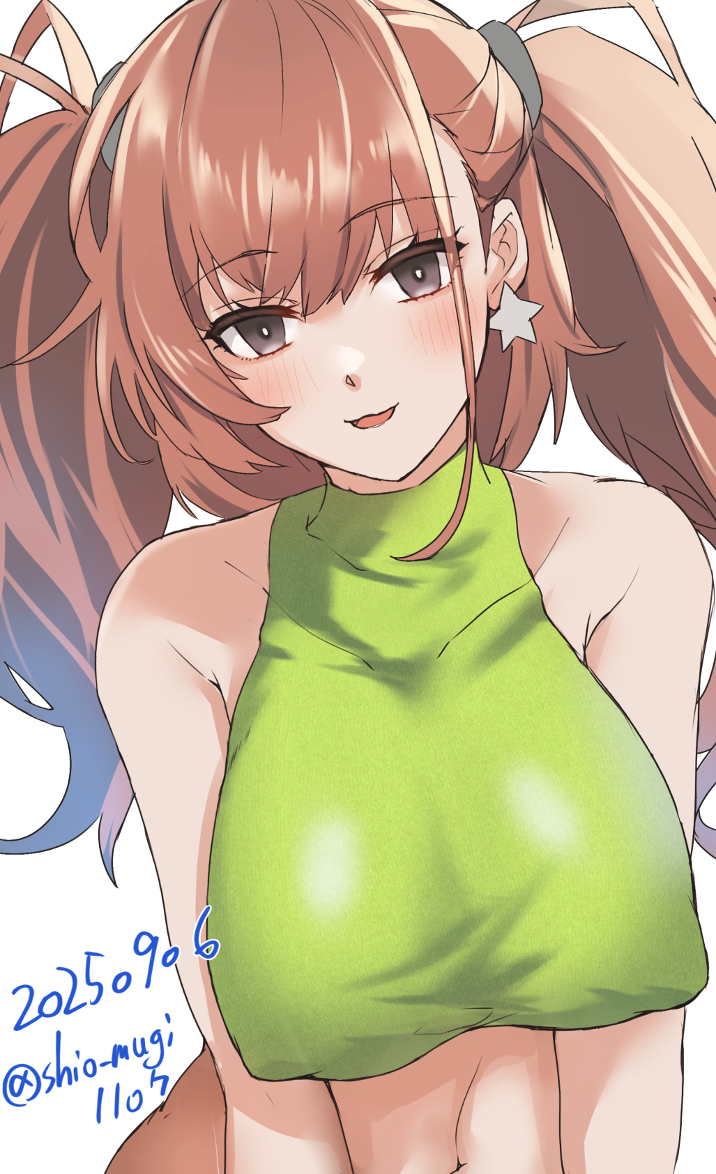 shiomugi (shio mugi1107), atlanta (kancolle), kantai collection, highres, breasts, brown hair, dated, earrings, green vest, jewelry, large breasts, looking at viewer, midriff, navel, smile, star (symbol), star earrings, twintails, vest, white background
