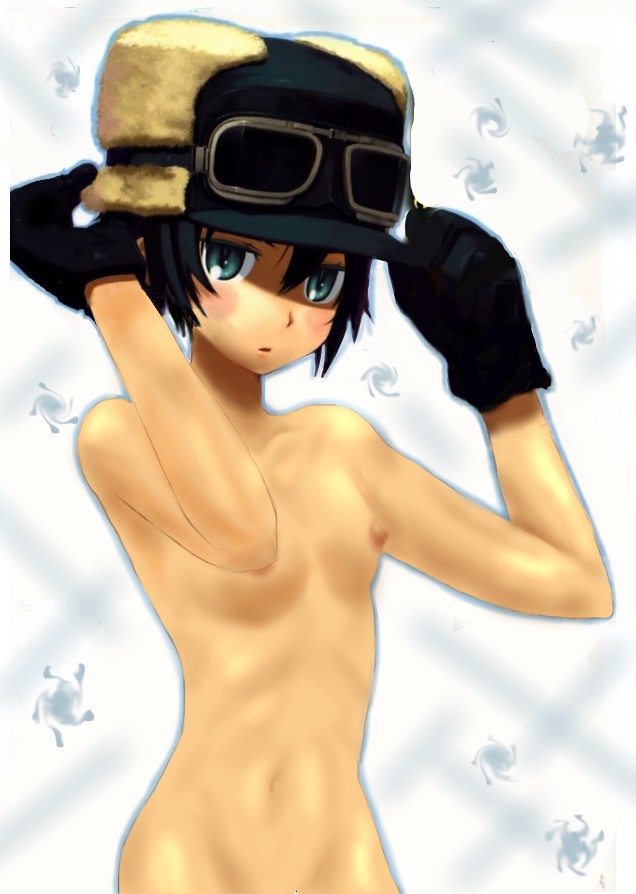 kino (kino no tabi), kino no tabi, 00s, 1girl, blue eyes, blush, blush stickers, breasts, female focus, gloves, goggles, hat, looking at viewer, navel, nipples, nude, short hair, small breasts, solo