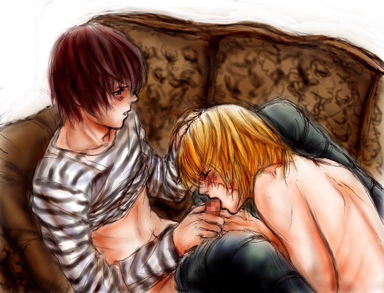 matt (death note), mello (death note), death note, 00s, 2boys, blush, censored, fellatio, male focus, multiple boys, oral, penis, yaoi