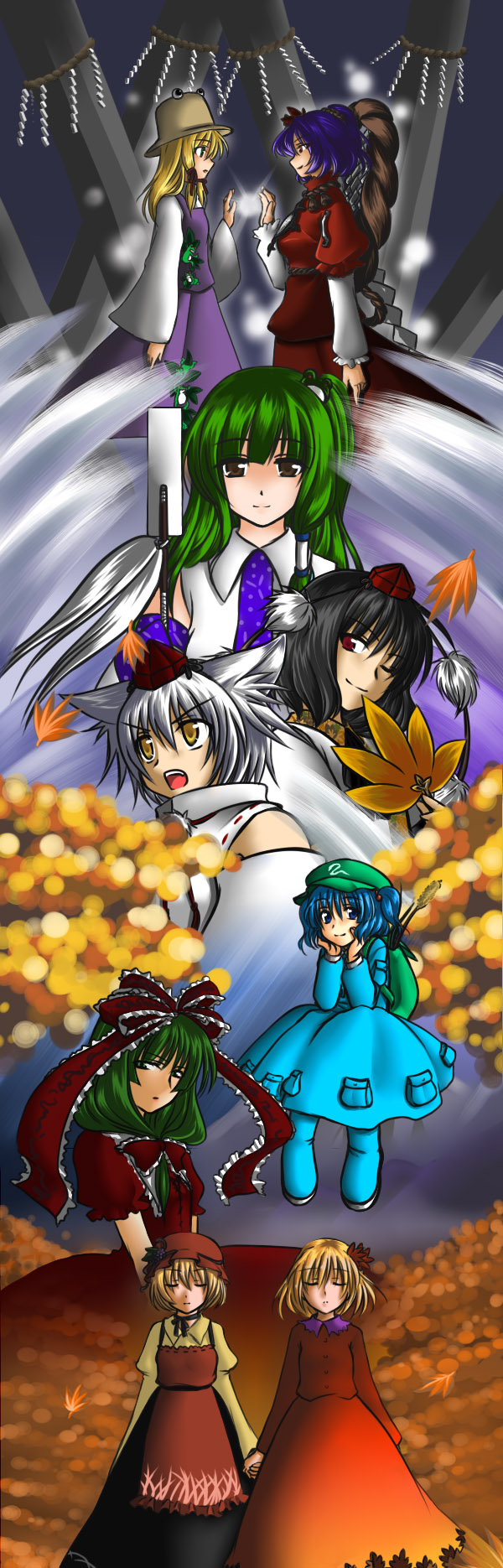 tsukiya sakumi, aki minoriko, aki shizuha, inubashiri momiji, kagiyama hina, kawashiro nitori, kochiya sanae, moriya suwako, shameimaru aya, yasaka kanako, mountain of faith, touhou, highres, long image, tall image, 6+girls, everyone, female focus, front ponytail, multiple girls, two side up