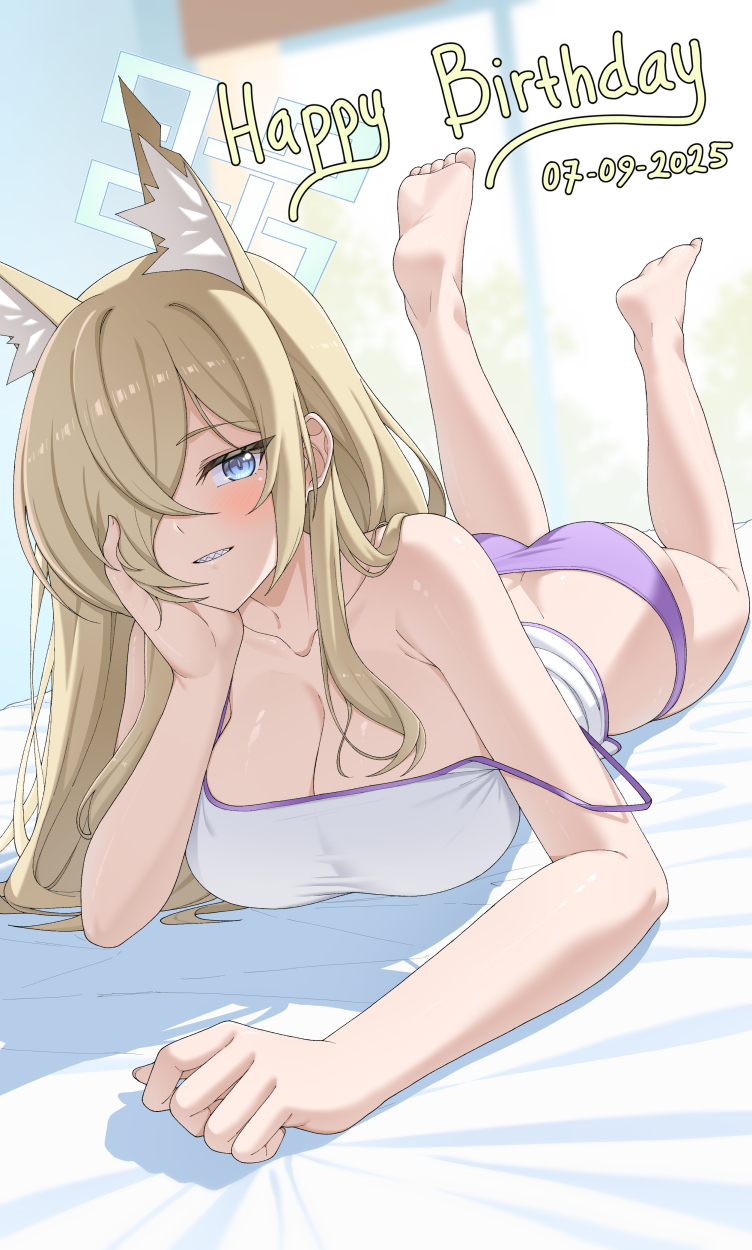 mzrz, kanna (blue archive), blue archive, highres, 1girl, animal ears, barefoot, blonde hair, blue eyes, breasts, cleavage, dog ears, hair over one eye, large breasts, long hair, looking at viewer, purple shorts, sharp teeth, shorts, smile, solo, teeth, vest, white vest