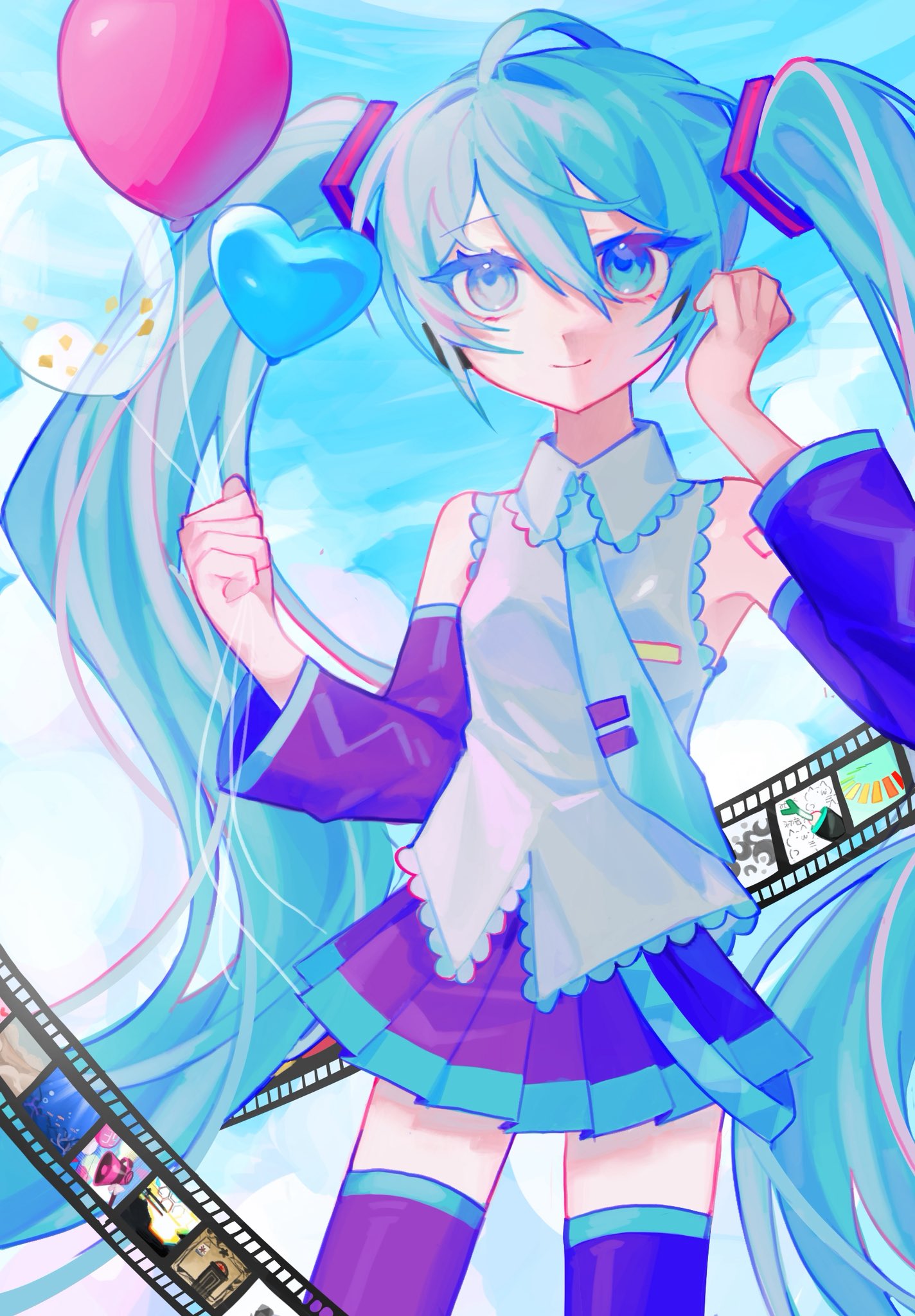 nupi (tpshye7d2k42552), hatsune miku, vocaloid, highres, 1girl, balloon, blue eyes, blue hair, closed mouth, detached sleeves, film strip, holding, holding balloon, long hair, long sleeves, looking at viewer, miniskirt, pleated skirt, shirt, skirt, sleeveless, sleeveless shirt, solo, thighhighs, twintails, very long hair, zettai ryouiki
