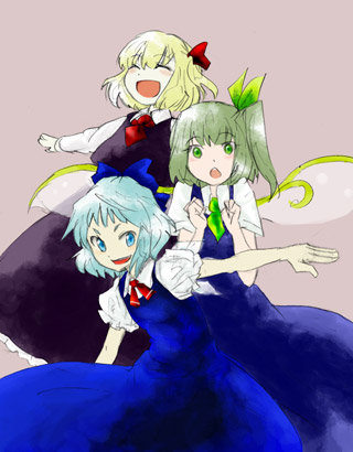 shikai (iesiki 56), cirno, daiyousei, rumia, embodiment of scarlet devil, touhou, lowres, 3girls, blonde hair, blue eyes, blue hair, bow, closed eyes, female focus, green eyes, green hair, hair bow, hair ribbon, multiple girls, neck ribbon, necktie, outstretched arms, red eyes, ribbon, shikai, short hair, side ponytail, spread arms, wings