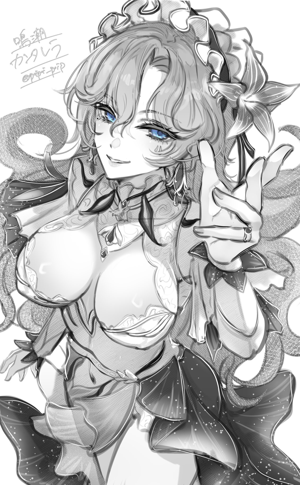 poipoi poip, cantarella (wuthering waves), wuthering waves, commentary request, highres, 1girl, blue eyes, breasts, cleavage, covered navel, cowboy shot, earrings, facial mark, fingernails, flower, hair between eyes, hair flower, hair ornament, hand up, headdress, jewelry, large breasts, long hair, long sleeves, looking at viewer, mark under eye, mole, mole under eye, parted lips, shrug (clothing), simple background, smile, solo, thighs, very long hair, white background