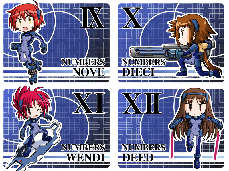 furafura, deed (nanoha), dieci (nanoha), nove (nanoha), numbers (nanoha), wendi (nanoha), lyrical nanoha, mahou shoujo lyrical nanoha, mahou shoujo lyrical nanoha strikers, 00s, 4girls, blue bodysuit, bodysuit, chibi, multiple girls