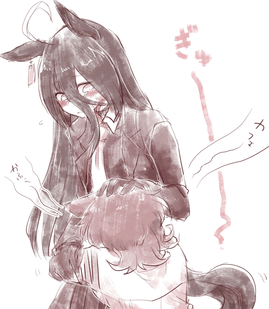 kagosumi, agnes tachyon (umamusume), manhattan cafe (umamusume), umamusume, translation request, 2girls, ahoge, animal ears, blush, collared shirt, cuddling, ear ornament, ear tag, earrings, flustered, gloves, greyscale, hair between eyes, hand on another's arm, hand on another's head, horse ears, horse girl, horse tail, jewelry, long hair, long hair between eyes, long sleeves, looking at another, monochrome, multicolored hair, multiple girls, necktie, shirt, simple background, single ear down, single earring, sweatdrop, tail, very long hair, white background