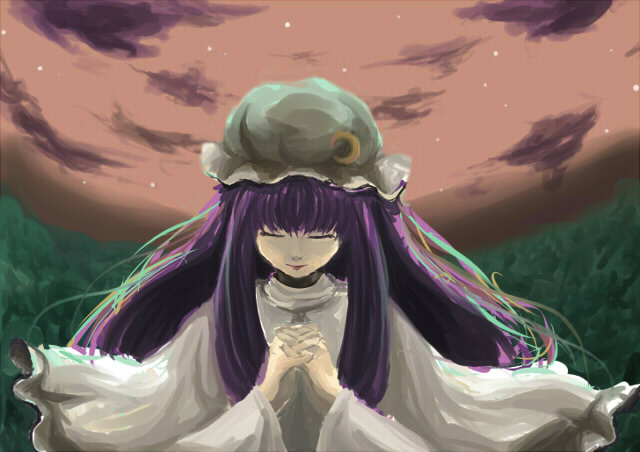 fechirin, patchouli knowledge, touhou, 1girl, capelet, closed eyes, closed mouth, dress, female focus, frills, hat, long hair, mob cap, own hands together, purple hair, solo, upper body, very long hair, white dress, wind