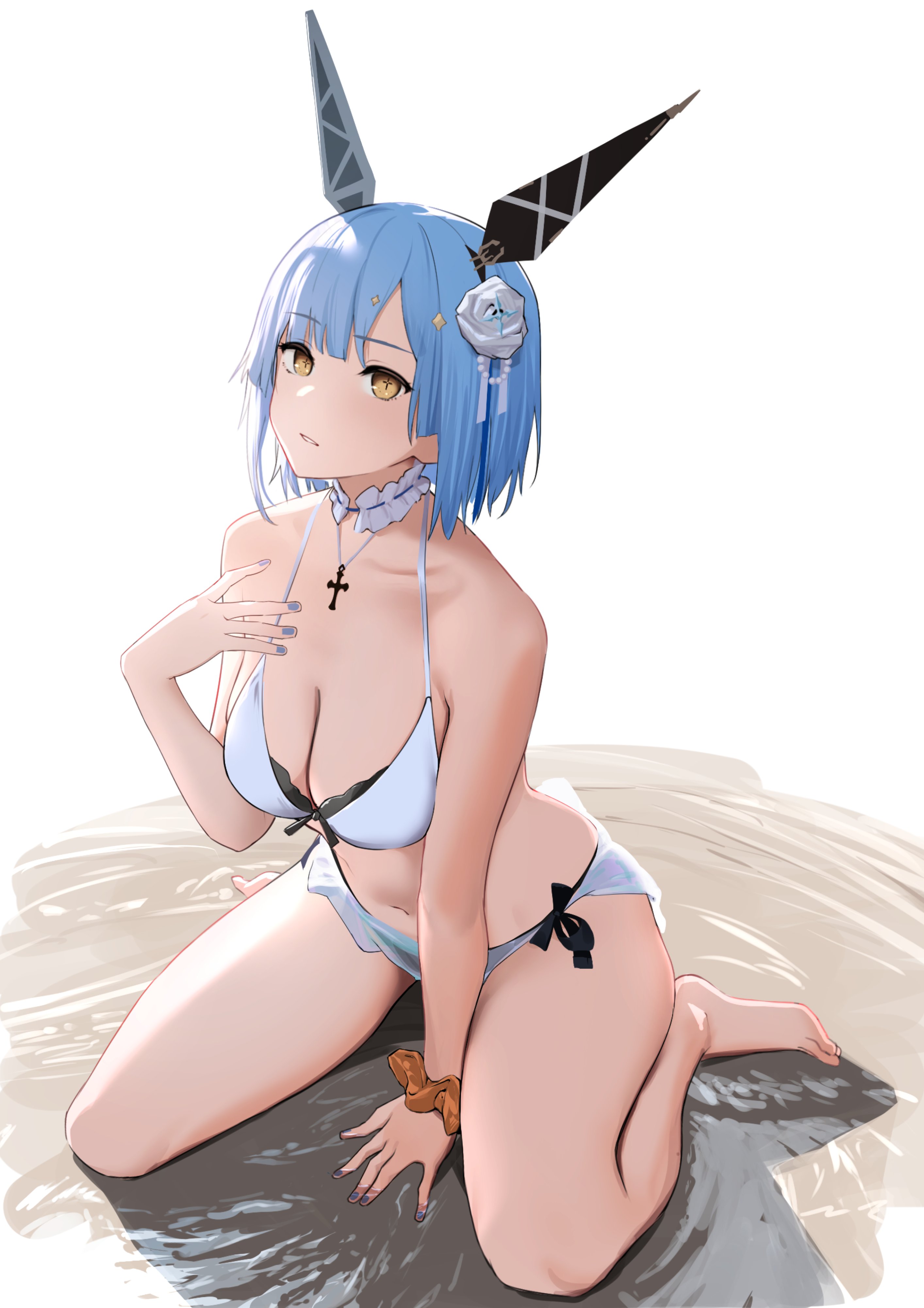 oregano (olgn eao), gascogne (azur lane), gascogne (tropical environs acclimation service equipment) (azur lane), azur lane, absurdres, highres, 1girl, bikini, blue hair, blue nails, blue streaks, breasts, choker, cleavage, cross, cross necklace, flower, frilled choker, frills, full body, hair flower, hair ornament, headgear, jewelry, looking at viewer, mechanical ears, medium breasts, multicolored bikini, necklace, official alternate costume, sand, scrunchie, short hair, sitting, solo, swimsuit, two-tone bikini, wariza, water, white background, white bikini, wrist scrunchie, yellow eyes