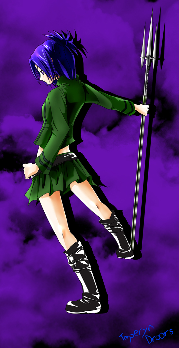 teperyndroors, chrome dokuro, katekyo hitman reborn!, 00s, 1girl, armor, armored boots, blue hair, boots, dutch angle, female focus, from behind, full body, green shirt, green skirt, knee boots, long sleeves, outstretched arm, polearm, purple background, shirt, short hair, simple background, skirt, solo, standing, trident, weapon