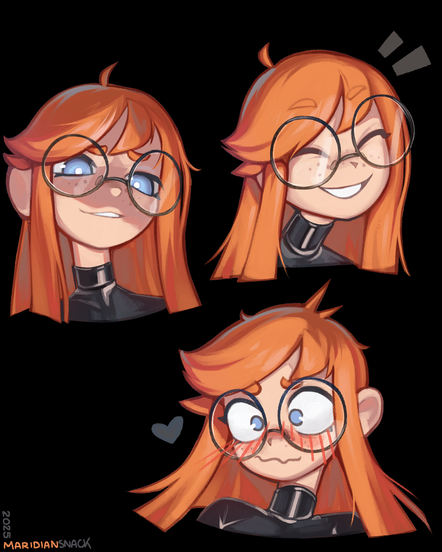 maridiansnack, siri jay, original, commission, highres, 1girl, 2025, ahoge, artist name, black-framed eyewear, black background, black bodysuit, blue eyes, blush, bodysuit, borrowed character, bright pupils, brown hair, closed eyes, freckles, glasses, heart, latex, latex bodysuit, long hair, looking at viewer, multiple expressions, open mouth, parted lips, round eyewear, simple background, solo, white pupils