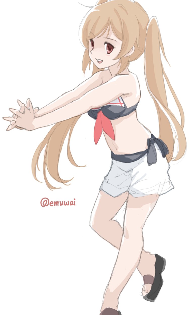 emuwai, murasame (kancolle), murasame (swimsuit) (kancolle), kantai collection, highres, 1girl, bikini, bikini skirt, black bikini, brown eyes, brown hair, feet out of frame, front-tie bikini top, front-tie top, long hair, one-hour drawing challenge, sailor bikini, sailor collar, sandals, simple background, skirt, smile, solo, standing, swimsuit, twintails, twitter username, white background, white skirt
