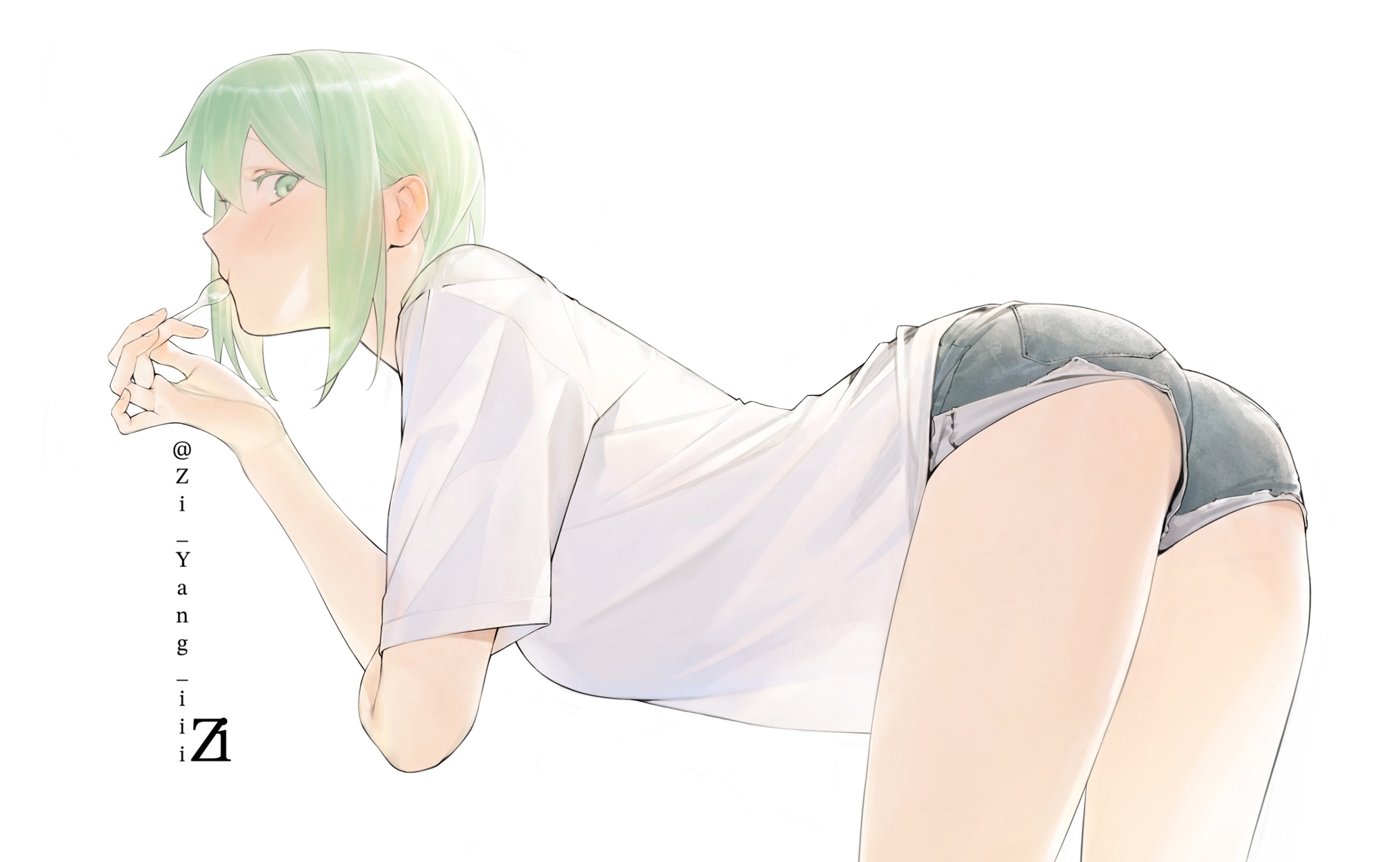 cheng (zi74438982), original, commentary, highres, symbol-only commentary, 1girl, artist name, ass, bent over, denim, denim shorts, green eyes, green hair, holding, holding spoon, looking at viewer, shirt, short hair, short shorts, shorts, simple background, solo, spoon, t-shirt, twitter username, white background, white shirt