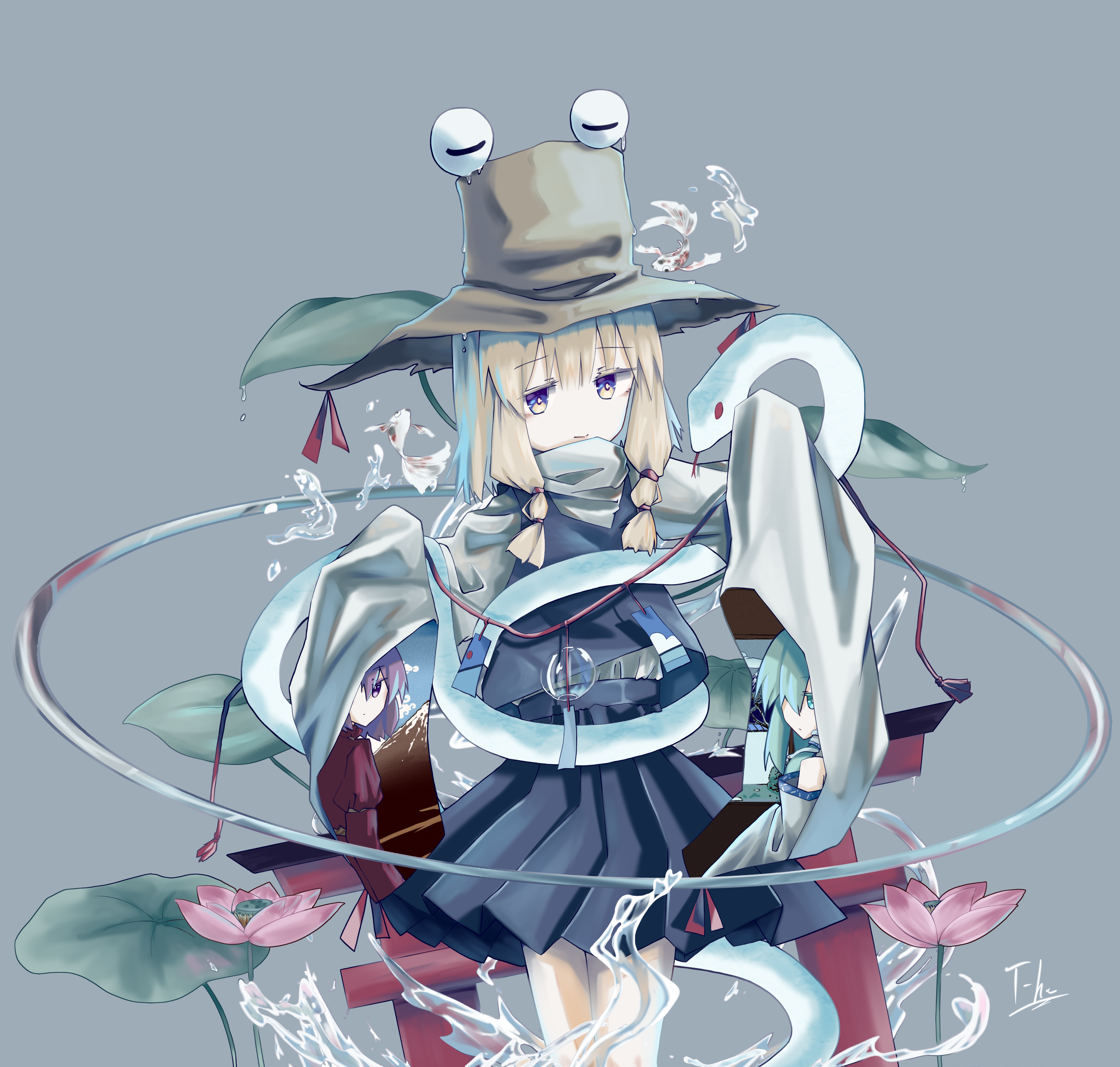 t-hou, kochiya sanae, moriya suwako, pyonta, yasaka kanako, touhou, absurdres, highres, 3girls, bare shoulders, blonde hair, blue dress, detached sleeves, dress, fish, flower, green eyes, green hair, grey background, hat, lily pad, lotus, mountain, multicolored eyes, multiple girls, nontraditional miko, puffy sleeves, purple dress, purple eyes, purple hair, shirt, shrine, simple background, snake, water drop, white shirt