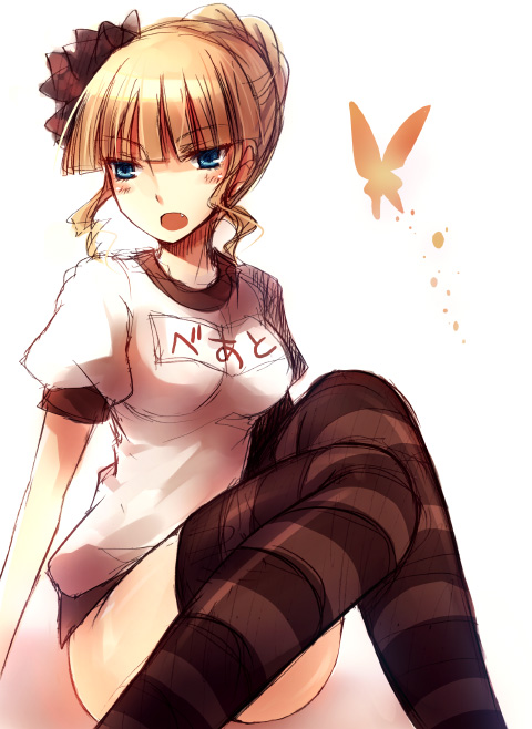 suzushiro kurumi, beatrice (umineko), umineko no naku koro ni, 00s, gym uniform, solo, striped clothes, striped thighhighs, thighhighs