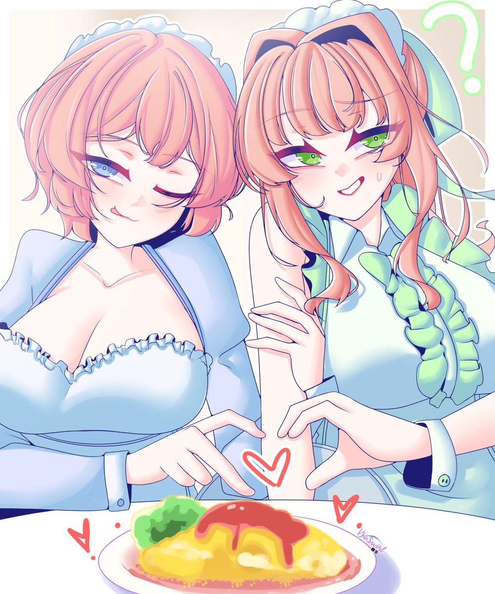 vioswirl, monika (doki doki literature club), sayori (doki doki literature club), doki doki literature club, highres, 2girls, ?, blue dress, blue eyes, bow, breasts, brown hair, cleavage, dress, food, green dress, green eyes, hair bow, heart, heart hands, long hair, medium breasts, multiple girls, nervous sweating, omelet, orange hair, pale skin, plate, short hair, sleeveless, smile, sweat, tongue, tongue out
