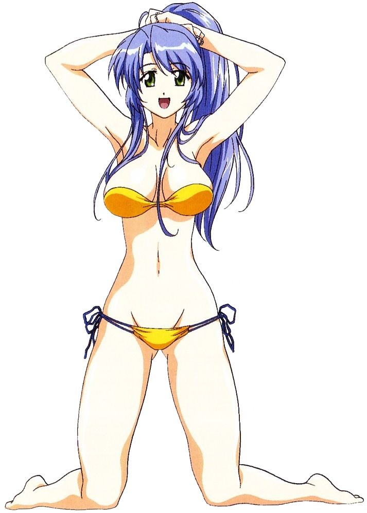 non-web source, 1girl, armpits, arms up, bikini, blue hair, female focus, green eyes, groin, kneeling, ponytail, side-tie bikini bottom, solo, swimsuit, yellow bikini