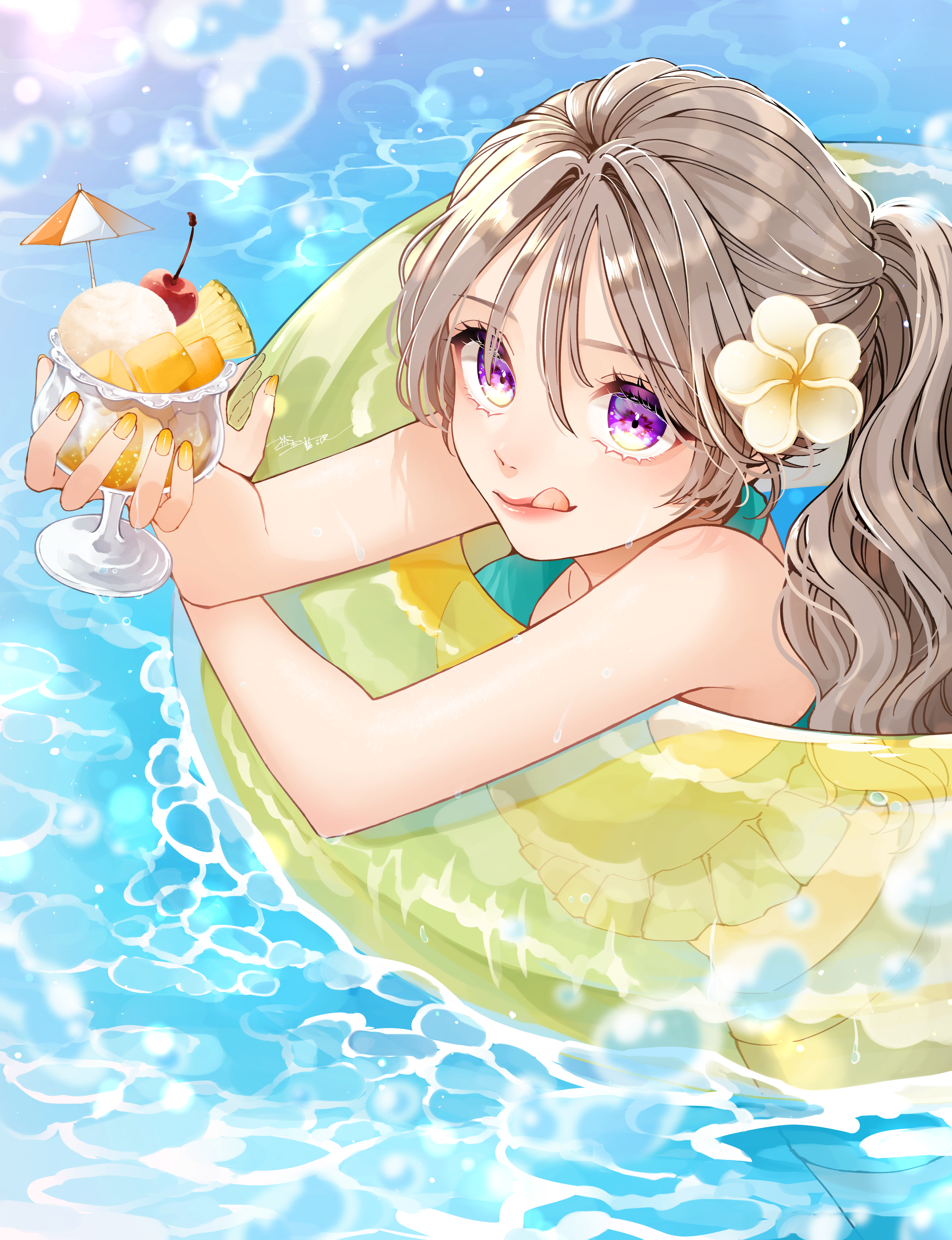 original, absurdres, commentary request, highres, 1girl, :q, bikini, blue bikini, brown hair, chaki aiha, cherry, closed mouth, cup, day, drinking glass, flower, food, fruit, hair between eyes, hair flower, hair ornament, holding, holding cup, innertube, long hair, nail polish, ocean, outdoors, ponytail, purple eyes, solo, summer, swim ring, swimsuit, tongue, tongue out, white flower, yellow nails