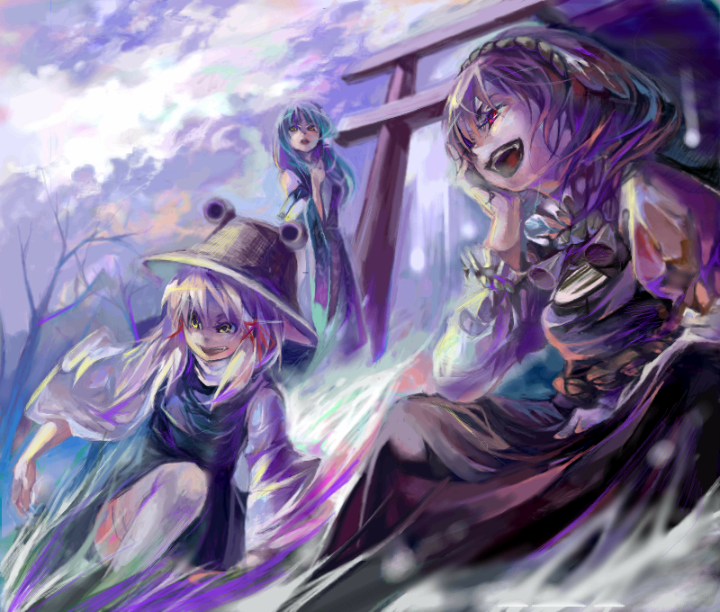 cis (carcharias), kochiya sanae, moriya suwako, yasaka kanako, touhou, 3girls, female focus, multiple girls, oekaki, rope, shimenawa, torii