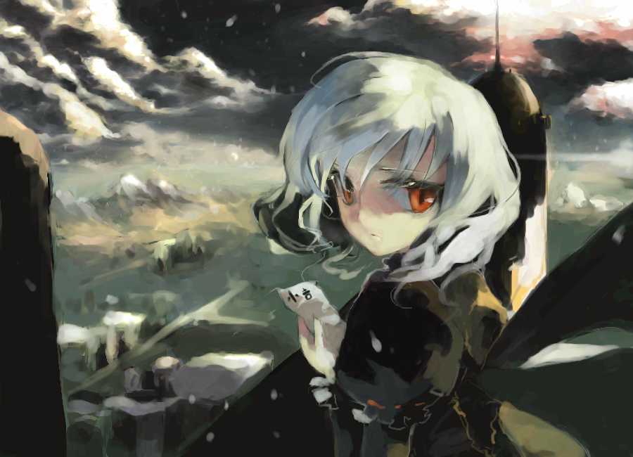 shunsei (muratou), remilia scarlet, touhou, 1girl, alternate color, alternate hair color, female focus, letter, no headwear, oekaki, red eyes, short hair, sky, solo, white hair, wings