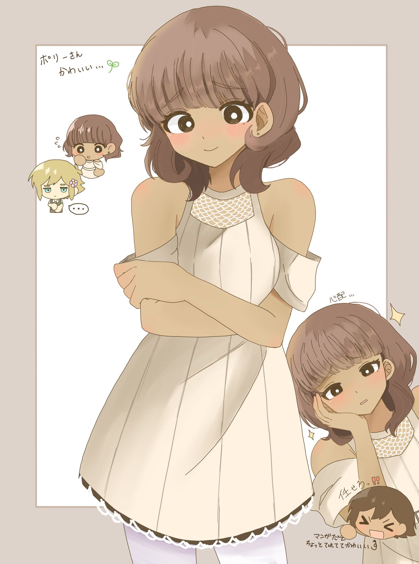 yuuabara, basil (faraway) (omori), basil (omori), kel (faraway) (omori), kel (omori), polly (omori), omori, highres, translation request, > <, …, 1girl, 2boys, :d, antenna hair, bare shoulders, black eyes, blonde hair, blue eyes, blunt bangs, blush, chibi, closed mouth, crossed arms, dark-skinned female, dark-skinned male, dark skin, double-parted bangs, dress, ear piercing, flower, flying sweatdrops, hair flower, hair ornament, hand on own cheek, hand on own face, multiple boys, open mouth, parted lips, piercing, short hair, sidelocks, smile, sparkle, speech bubble, spoken ellipsis, white dress, xd