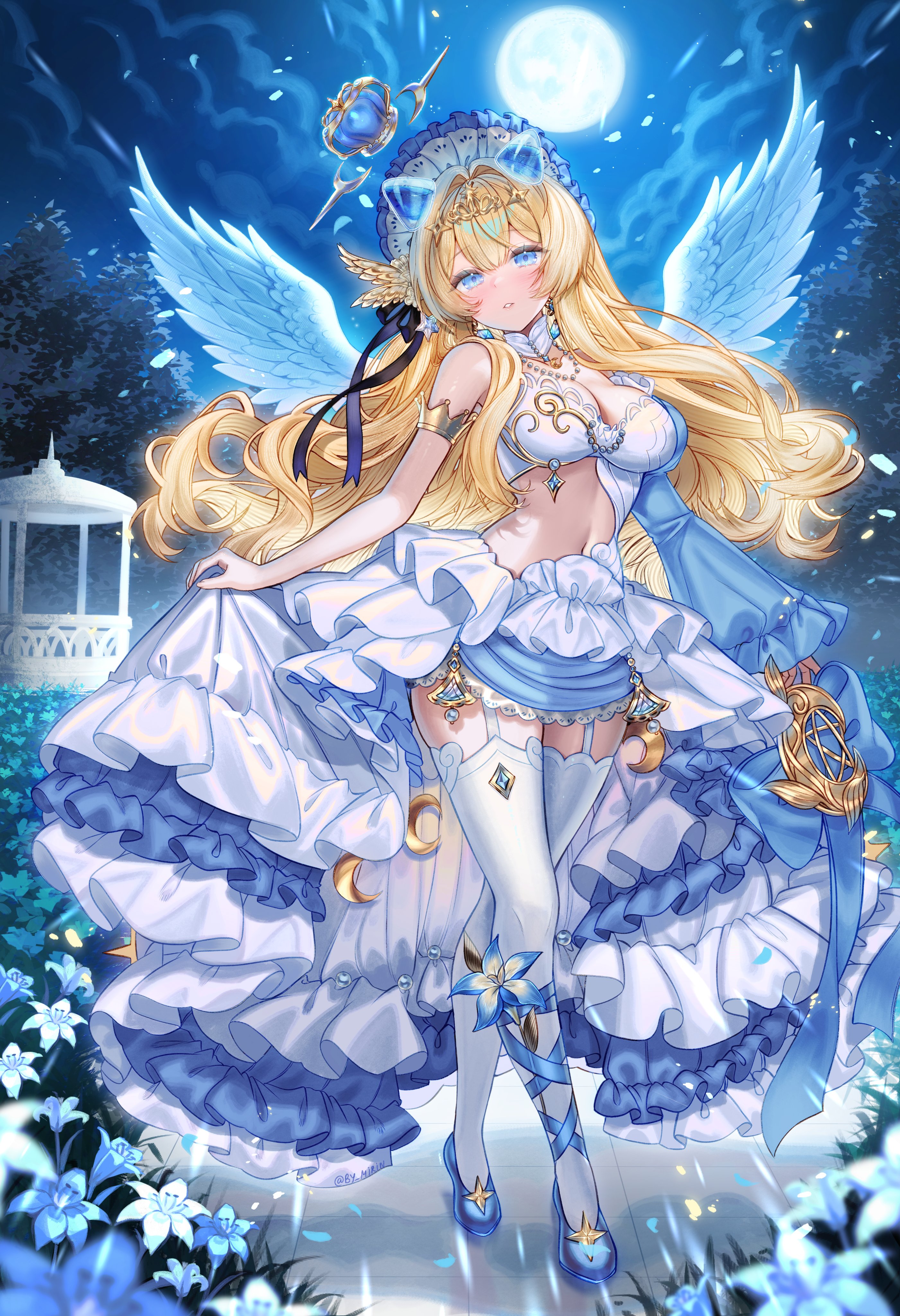 by mirin, original, absurdres, clip studio paint (medium), commentary, commission, english commentary, highres, making-of available, 1girl, bare shoulders, blonde hair, blue eyes, blue shoes, blush, breasts, cleavage, crossed legs, floating crown, full moon, garter straps, hair between eyes, jewelry, long hair, looking at viewer, medium breasts, moon, navel, necklace, night, night sky, parted lips, pearl necklace, shoes, showgirl skirt, skirt, skirt hold, sky, solo, stomach, thighhighs, very long hair, white garter straps, white skirt, white thighhighs