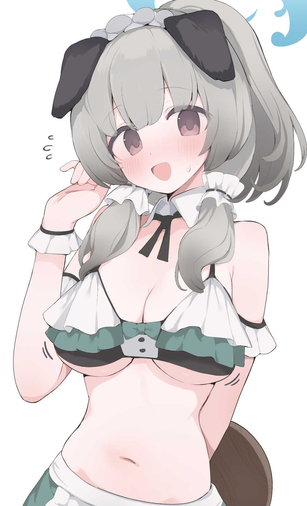 hone kawa, umika (blue archive), blue archive, commentary, highres, 1girl, animal ears, blue halo, breasts, cleavage, dog ears, dog girl, dog tail, flying sweatdrops, halo, large breasts, navel, official alternate costume, open mouth, simple background, solo, tail, umika (swimsuit) (blue archive), white background