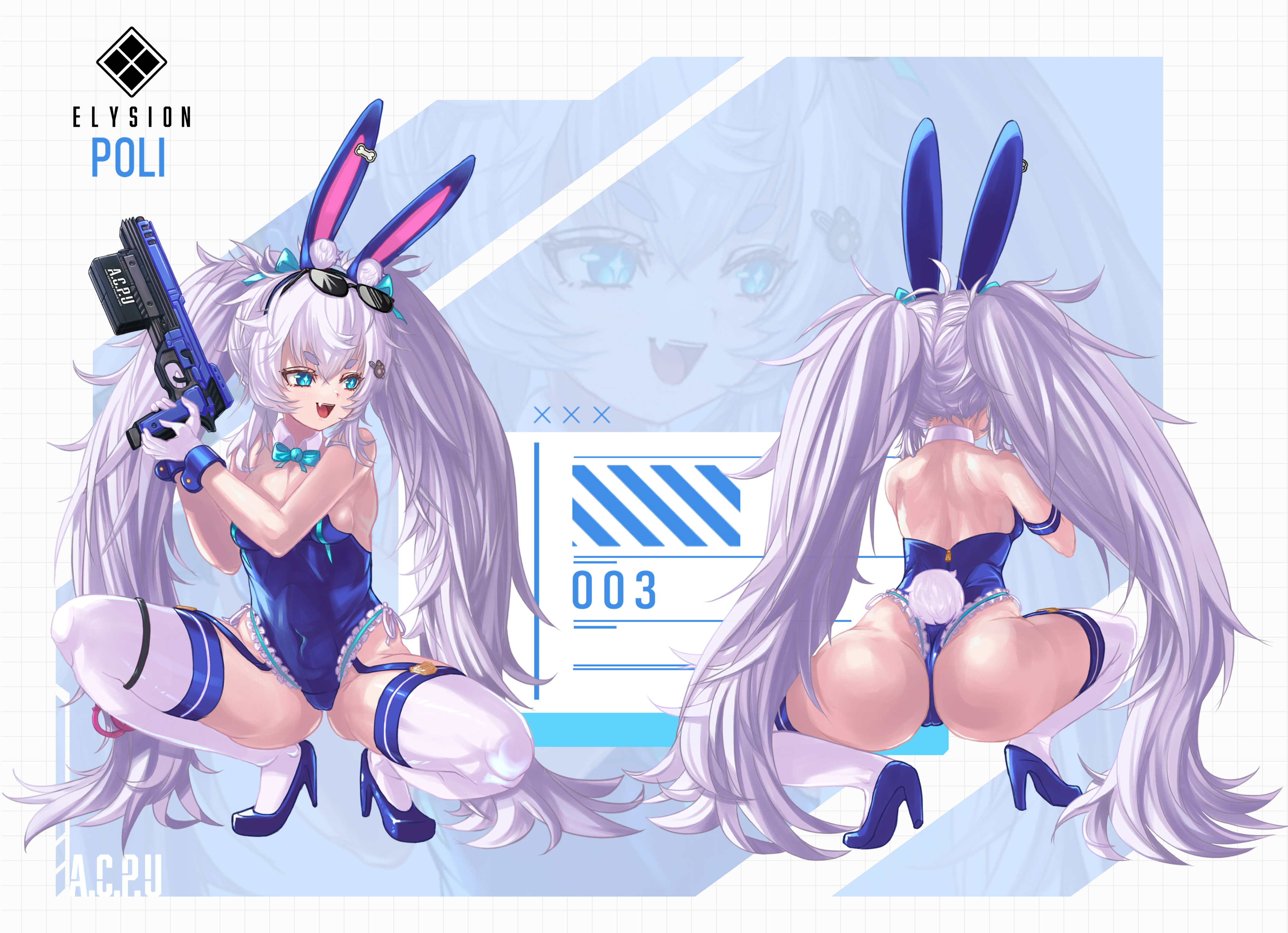 inugressive, poli (nikke), goddess of victory: nikke, fluffy hair, absurdres, highres, 1girl, animal ears, armband, ass, back, blue armband, blue bow, blue bowtie, blue eyes, blue leotard, blue ribbon, blue shoes, bow, bowtie, breasts, character name, covered navel, detached collar, eyewear on head, fake animal ears, fang, frilled leotard, frills, garter straps, gloves, grey hair, grid background, gun, hair between eyes, hair ribbon, handgun, high heels, holding, holding gun, holding weapon, leotard, long hair, multiple views, open mouth, paw hair ornament, playboy bunny, rabbit ears, rabbit tail, ribbon, shoes, short eyebrows, small breasts, squatting, strapless, strapless leotard, sunglasses, symbol-shaped pupils, tail, thighhighs, twintails, very long hair, weapon, white gloves, white thighhighs, wrist cuffs, zoom layer