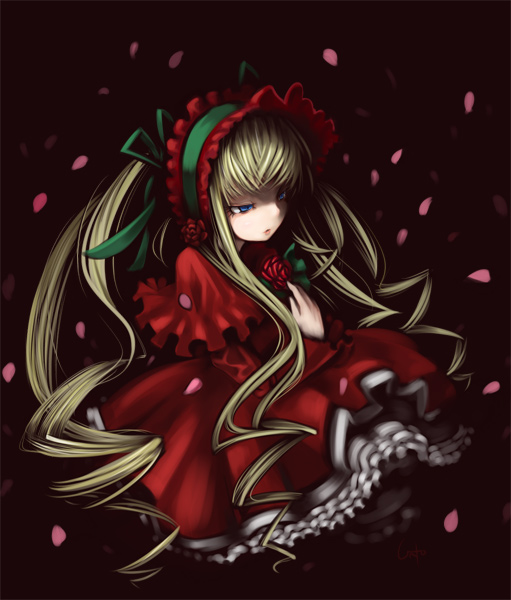 inemuri uno, shinku, rozen maiden, md5 mismatch, 00s, 1girl, blonde hair, blue eyes, bonnet, capelet, dress, drill hair, expressionless, female focus, frills, hand on own chest, red dress, sidelocks, solo, twin drills, twintails, upper body