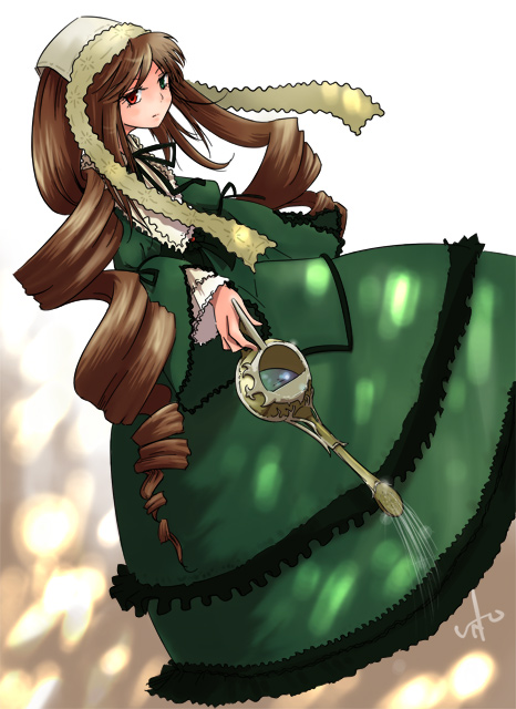 inemuri uno, suiseiseki, rozen maiden, 00s, 1girl, brown hair, dress, drill hair, frills, green dress, green eyes, hat, headscarf, heterochromia, lolita fashion, long hair, red eyes, ribbon, twin drills, twintails, very long hair, watering can, white headscarf