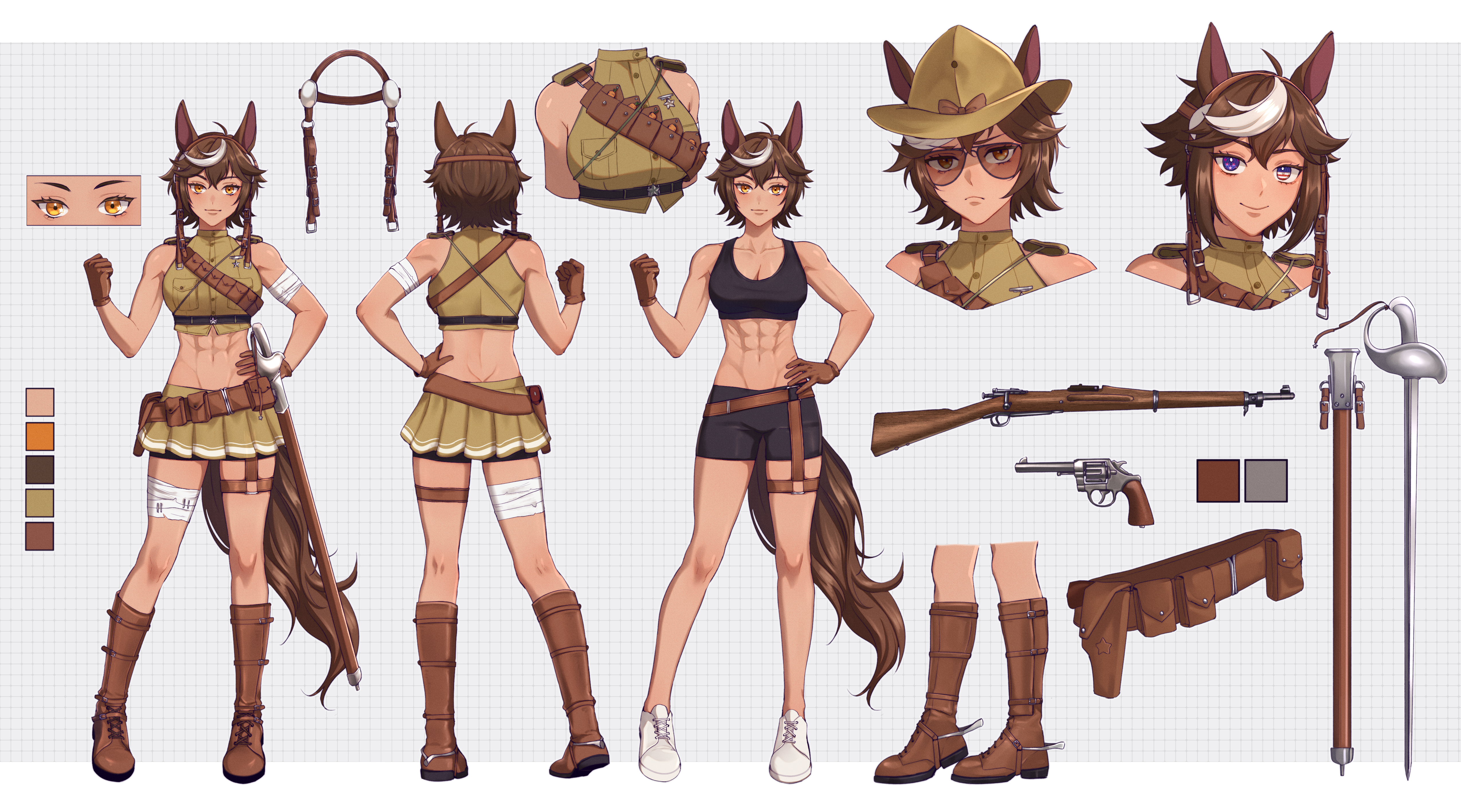 tecchi kun, tomoe umari, tomoe umari (1st costume), v-dere, absurdres, highres, official art, 1girl, ahoge, animal ears, bandaged leg, bandages, bare shoulders, black bra, boots, bra, breasts, bridle, brown boots, brown eyes, brown gloves, brown hair, clenched hand, closed mouth, frown, gloves, grid background, gun, hand on own hip, handgun, hat, head tilt, horse ears, horse girl, horse tail, kneepits, looking at viewer, medium breasts, midriff, multicolored hair, multiple views, pleated skirt, reference sheet, revolver, rifle, sheath, shoes, short hair, skirt, sports bra, standing, streaked hair, sunglasses, sword, tail, underwear, v-shaped eyebrows, virtual youtuber, weapon, white background, white hair, white shoes, yellow hat, yellow skirt