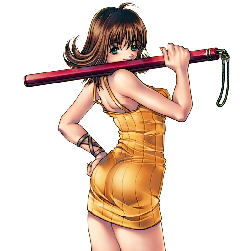 selphie tilmitt, final fantasy, final fantasy viii, 1990s (style), 1girl, ass, bare shoulders, blush, female focus, flipped hair, green eyes, nunchaku, overalls, retro artstyle, short hair, skirt, solo, weapon, yellow overalls, yellow skirt