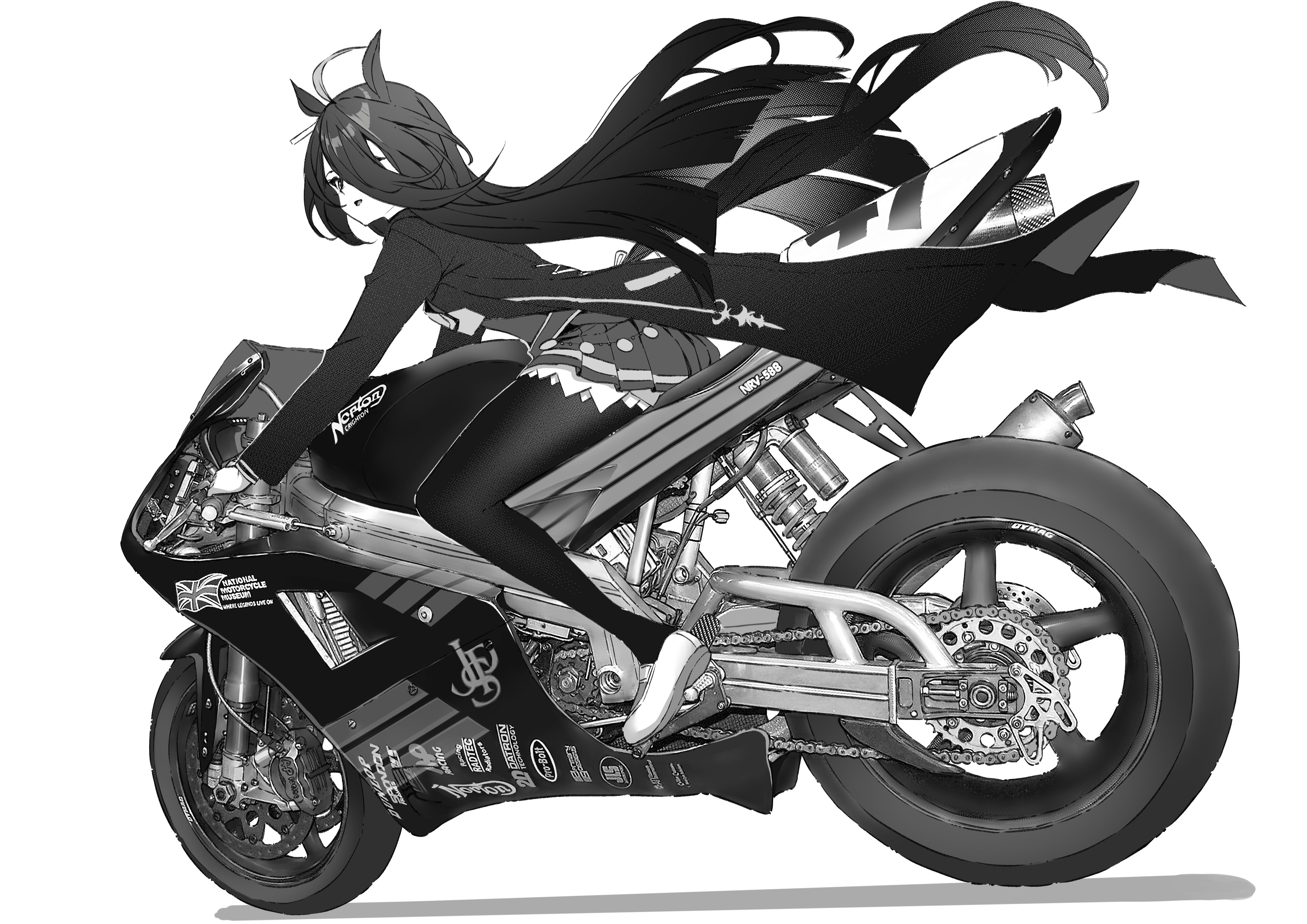 jun project, manhattan cafe (umamusume), umamusume, absurdres, commentary, english commentary, highres, 1girl, animal ears, coat, driving, floating hair, full body, greyscale, horse ears, horse girl, horse tail, looking at viewer, monochrome, motor vehicle, motorcycle, on motorcycle, open mouth, pleated skirt, shoes, simple background, skirt, solo, tail, white background