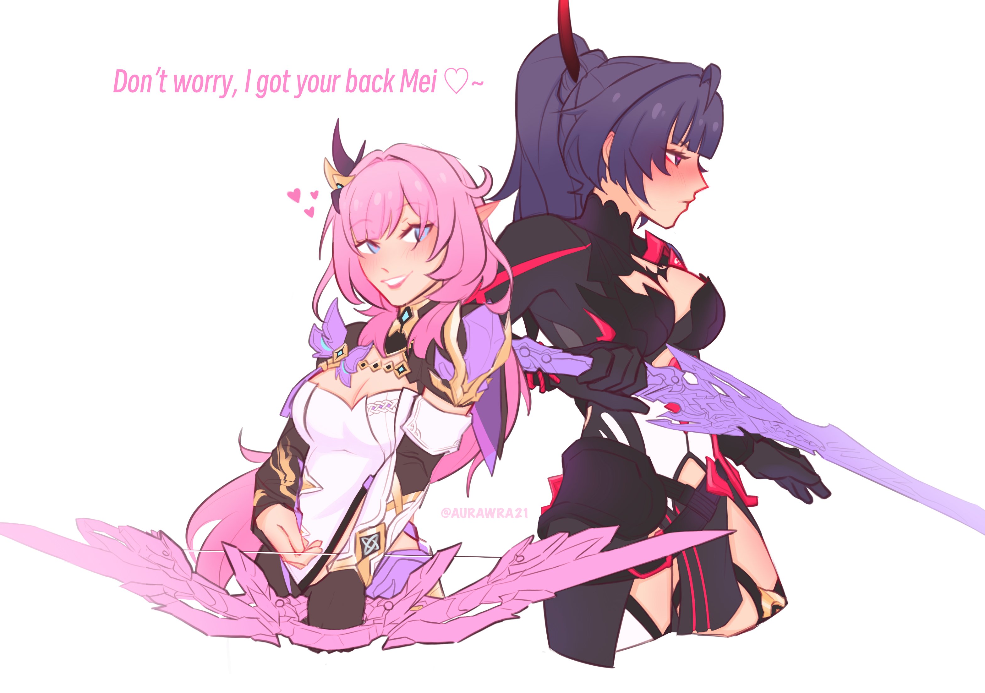 aurora (aurawra21), elysia (honkai impact), elysia (miss pink elf) (honkai impact), raiden mei, raiden mei (danzai spectramancer), honkai (series), honkai impact 3rd, commentary, english commentary, highres, 2girls, black dress, black gloves, blue eyes, bow (weapon), breasts, cleavage, corset, cropped legs, dress, elf, english text, gloves, heart, holding, holding bow (weapon), holding sword, holding weapon, large breasts, long hair, multiple girls, pink hair, pointy ears, ponytail, purple eyes, purple hair, shrug (clothing), simple background, single glove, smile, sword, thighs, very long hair, weapon, white background, white corset