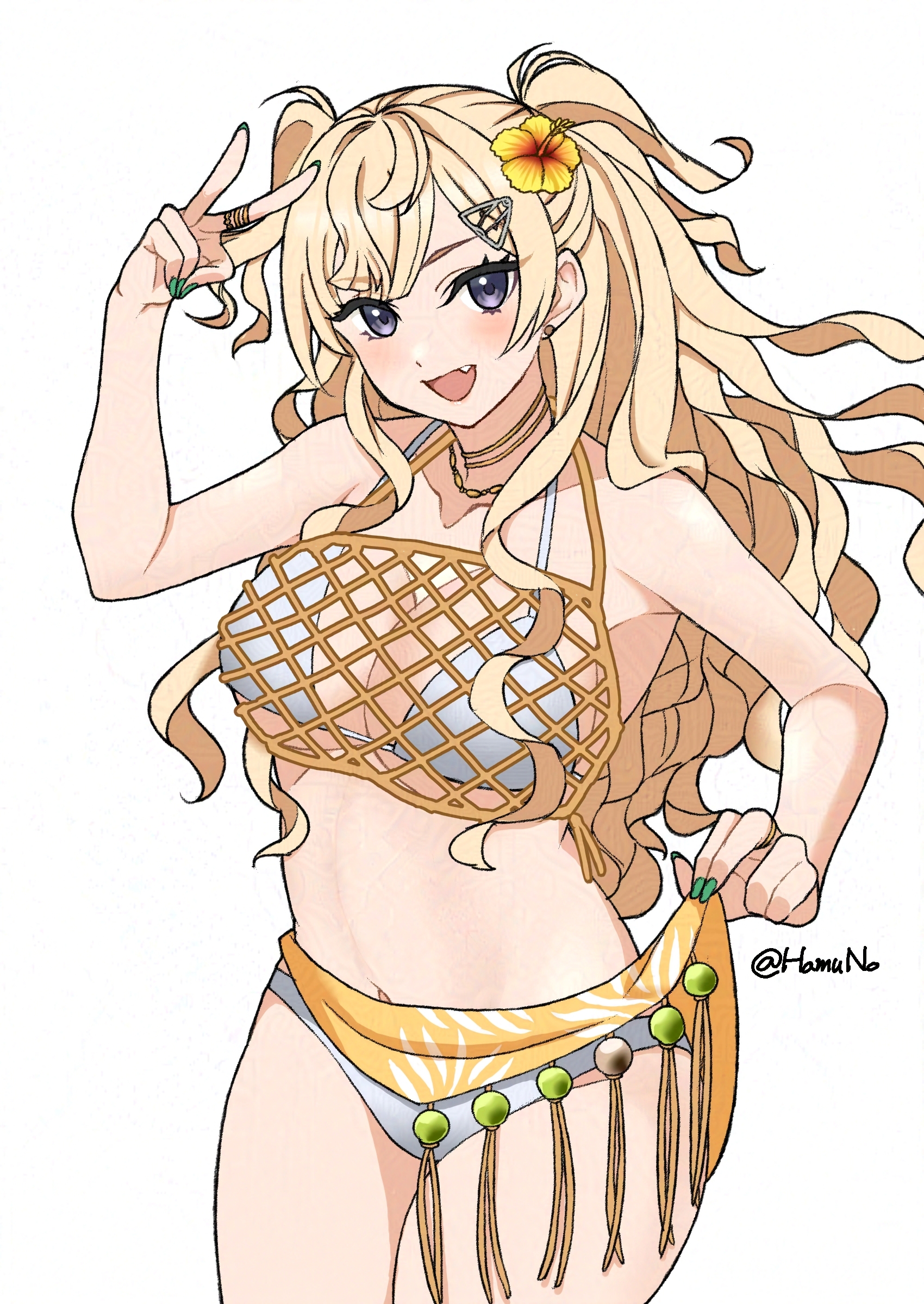 hamuno, minneapolis (kancolle), kantai collection, absurdres, highres, 1girl, bikini, blonde hair, breasts, clothes lift, flower, grey eyes, hair flower, hair ornament, large breasts, long hair, looking at viewer, mesh, minneapolis (swimsuit) (kancolle), net, official alternate costume, orange sarong, sarong, sarong lift, simple background, smile, solo, swimsuit, twitter username, two side up, v, white background, white bikini