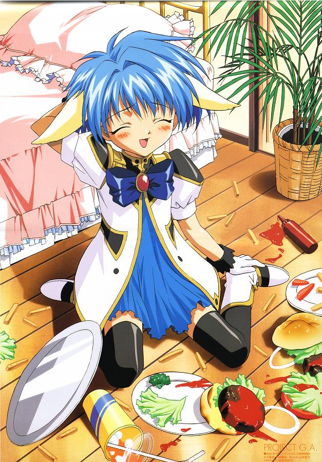 mint blancmanche, broccoli (company), galaxy angel, 00s, 1girl, bed, black thighhighs, blue hair, blue skirt, blush, burger, closed eyes, female focus, food, french fries, ketchup, open mouth, plate, skirt, solo, thighhighs