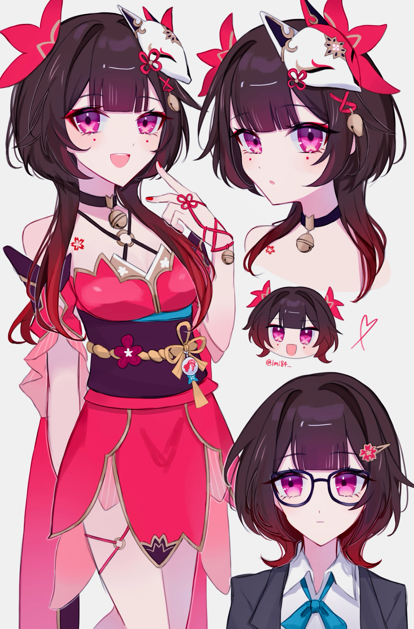 moe (lmi84), sparkle (honkai: star rail), sparkle (school uniform) (honkai: star rail), honkai: star rail, honkai (series), commentary request, highres, 1girl, :d, alternate hairstyle, black choker, black hair, black jacket, black sash, chest tattoo, choker, collared shirt, cowboy shot, criss-cross halter, expressionless, eyeshadow, facial mark, fox mask, glasses, grey background, halterneck, jacket, long hair, looking at viewer, makeup, mask, mask on head, multiple views, o-ring, o-ring top, obi, open mouth, purple eyes, red nails, sash, shirt, simple background, smile, tattoo