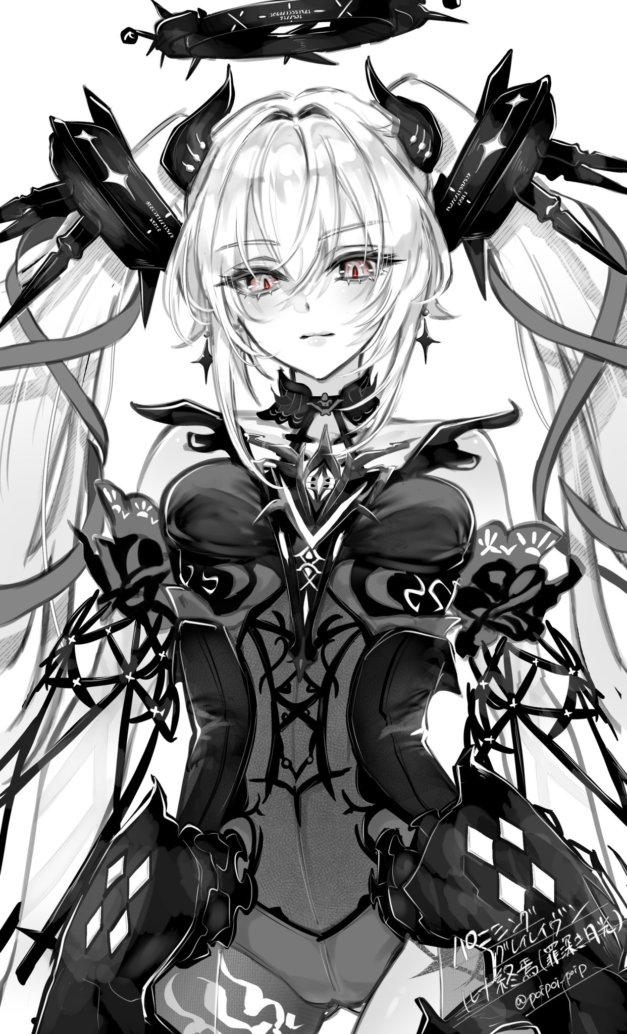 poipoi poip, luna: oblivion (moonlight soliloquy) (pgr), luna (pgr), punishing: gray raven, commentary request, highres, 1girl, bare shoulders, black bodysuit, black dress, bodysuit, breasts, character name, closed mouth, cowboy shot, dress, earrings, hair between eyes, halo, headgear, horns, jewelry, long hair, looking at viewer, mechanical halo, mechanical horns, official alternate costume, red eyes, red pupils, simple background, small breasts, solo, twintails, very long hair, white background