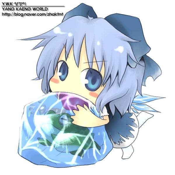 cirno, embodiment of scarlet devil, touhou, 1girl, blue eyes, blue hair, blush, bow, chibi, dress, female focus, frog, full body, hair bow, ice, ice cube, matching hair/eyes, simple background, solo, v-shaped eyebrows, watermark, web address, white background, wings