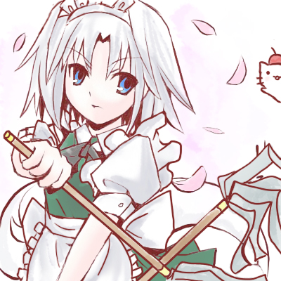 izayoi sakuya, konpaku youmu, konpaku youmu (ghost), touhou, lowres, 1girl, adapted costume, apron, blue eyes, cat, cosplay, female focus, konpaku youmu (cosplay), magical girl, maid, petals, puffy short sleeves, puffy sleeves, short hair, short sleeves, solo, white hair