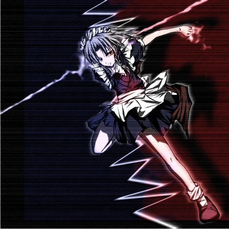izayoi sakuya, touhou, silver hair, 1girl, braid, female focus, maid, short hair, solo, twin braids
