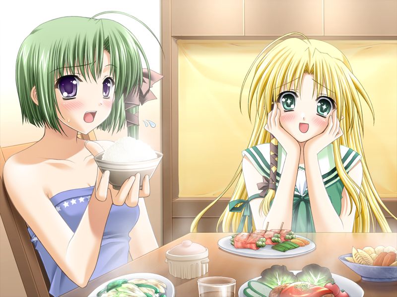 suzuhira hiro, kareha, shigure asa, shuffle!, game cg, official art, 00s, 2girls, bare shoulders, blonde hair, blue eyes, blue hair, blush, breasts, cleavage, food, green eyes, green hair, long hair, multiple girls, open mouth, pointy ears, purple eyes, rice, school uniform, serafuku, short hair, strapless, table