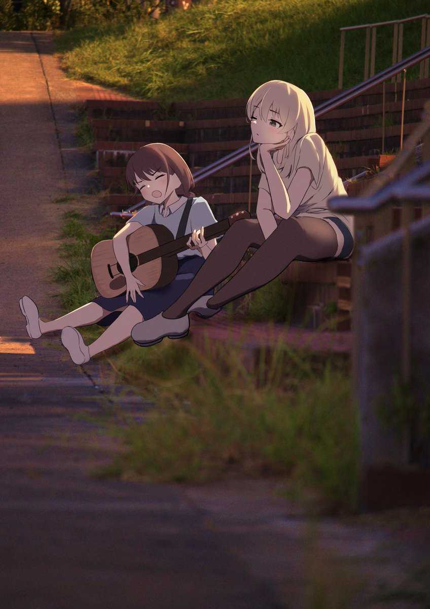nanafuku, iseri nina, kawaragi momoka, girls band cry, commentary request, 2girls, acoustic guitar, black thighhighs, blue shirt, brown hair, closed eyes, closed mouth, grey eyes, grey hair, grey shoes, guitar, instrument, long hair, multiple girls, music, one eye closed, open mouth, outdoors, photo background, playing guitar, playing instrument, shirt, shoes, short sleeves, short twintails, singing, sitting, thighhighs, twintails, white shirt, white shoes