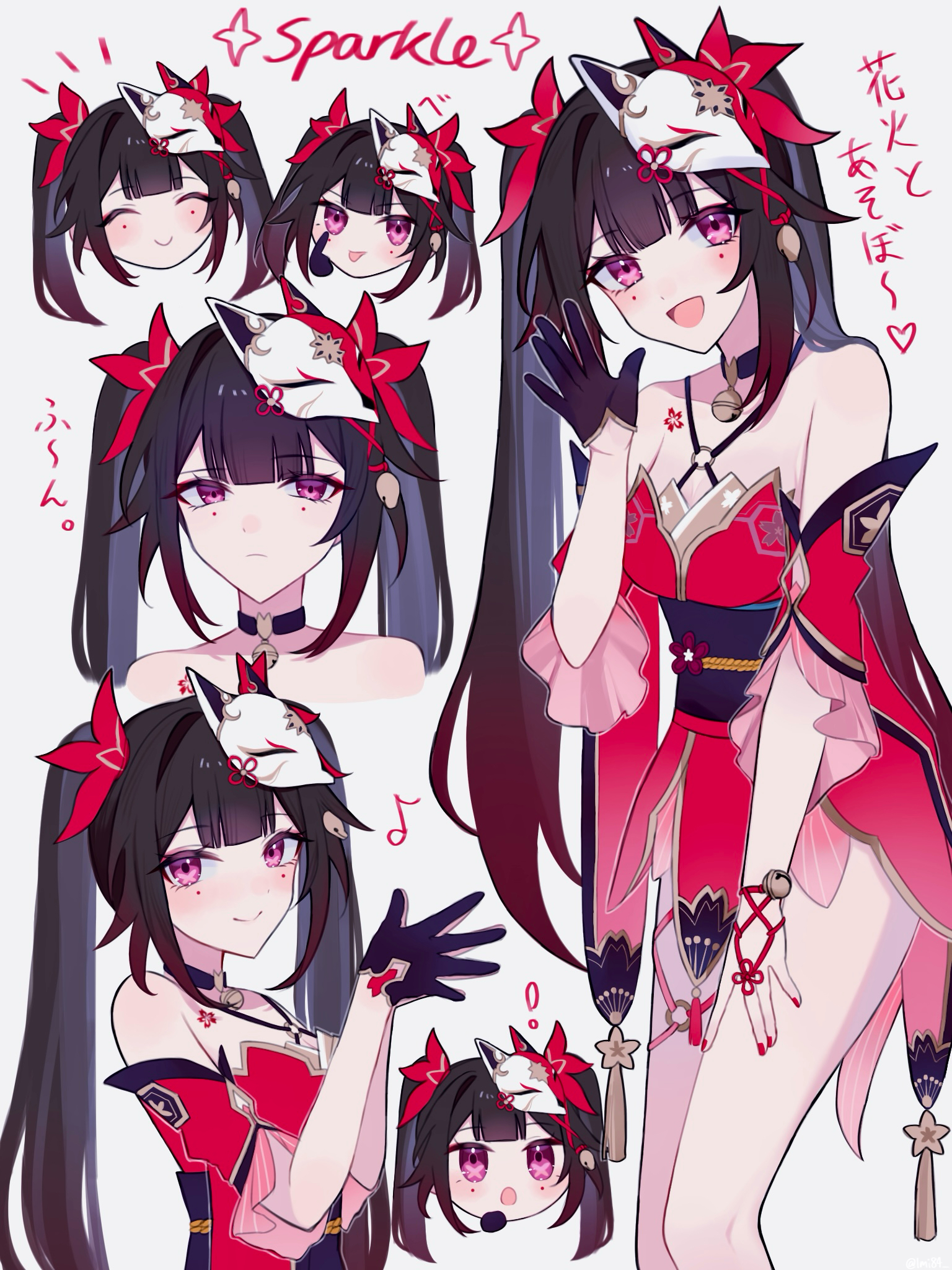 moe (lmi84), sparkle (honkai: star rail), honkai: star rail, honkai (series), commentary request, highres, !, 1girl, :d, :p, akanbe, bare shoulders, bell, black hair, black sash, breasts, character name, closed eyes, criss-cross halter, detached sleeves, dress, eyelid pull, flower tattoo, fox mask, gloves, grey background, halterneck, hand on own thigh, long hair, looking at viewer, mark under both eyes, mask, mask on head, multiple views, musical note, neck bell, o-ring, o-ring top, open mouth, own hands together, purple eyes, red dress, red nails, sash, simple background, single glove, smile, tattoo, tongue, tongue out, twintails