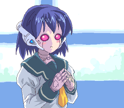 lowres, 1girl, android, female focus, oekaki, robot, school uniform, serafuku, solid eyes, solo