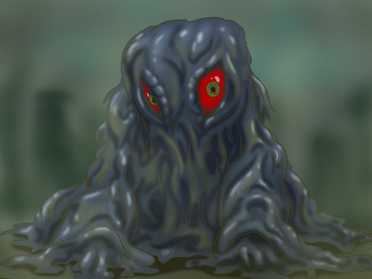 7736, hedorah, godzilla (series), godzilla vs. hedorah, toho (movie company), commentary, 1other, black skin, blurry, blurry background, building, city, colored sclera, colored skin, giant, giant monster, half-closed eye, kaiju, looking at viewer, monster, no mouth, on ground, outdoors, red sclera, slime (substance), smog, solo, tokusatsu, yellow eyes